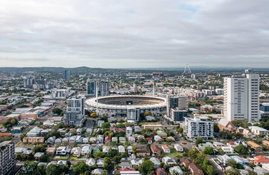 An aerial view of the Gabba stadium in Brisbane and its surrounding suburbs.