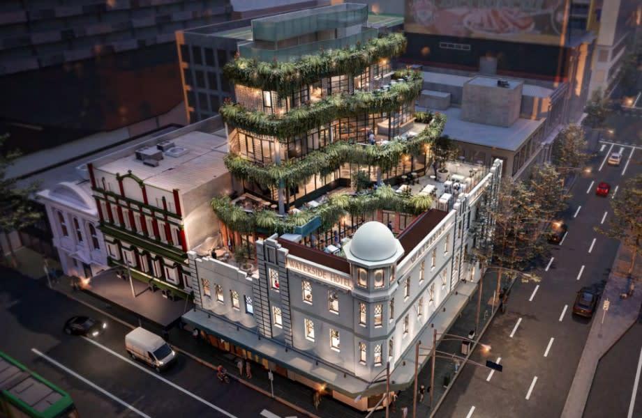 Techne Architects' vision for the new floors and adaptive reuse strategy for Sand Hill Road Group's Waterside Hotel in Melbourne's CBD.