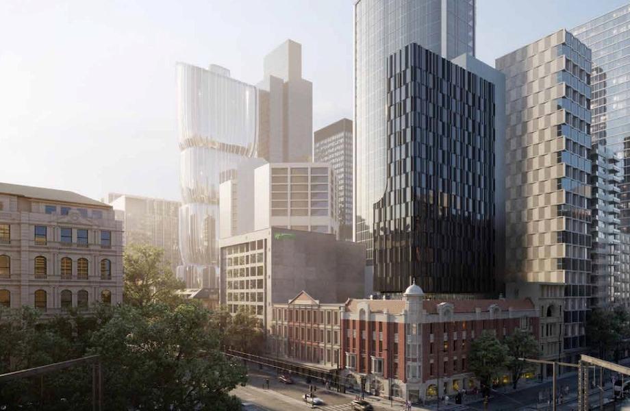Hassell Studio's renders for Shesh Ghale's mixed-use tower plans for the Sir Charles Hotham Hotel site in the Melbourne CBD. 
