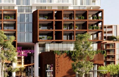 Warren and Mahoney's render of part of one of the two built-to-rent towers in Ashe Morgan's project at 24 Little Docklands Drive in Melbourne's Docklands.