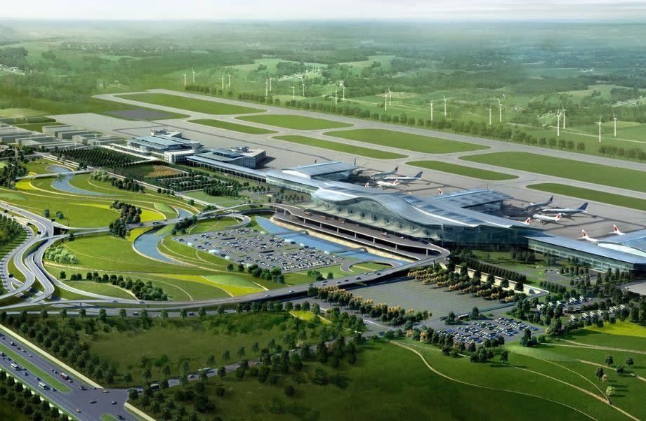 An aerial render of the first stage of the Western Sydney Airport Development project in New South Wales.