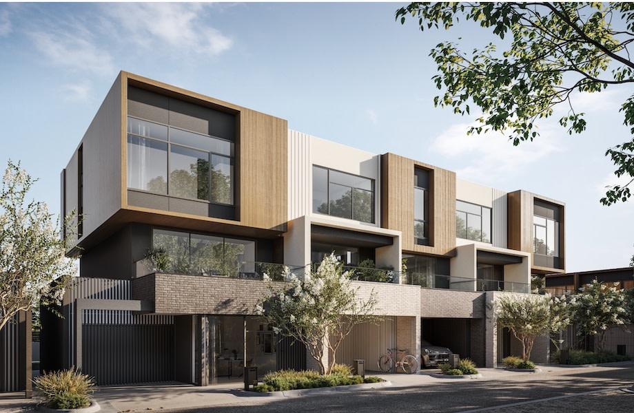 A render by Rothelowman of the townhouses that Golden Age Group are planning to develop at the The Floret project in Glen Waverley in Melbourne.