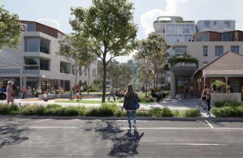Render of the street and different housing types in Pathways Cremorne Seniors Housing from a older cottage, to an aged care facility and independent living apartments. 