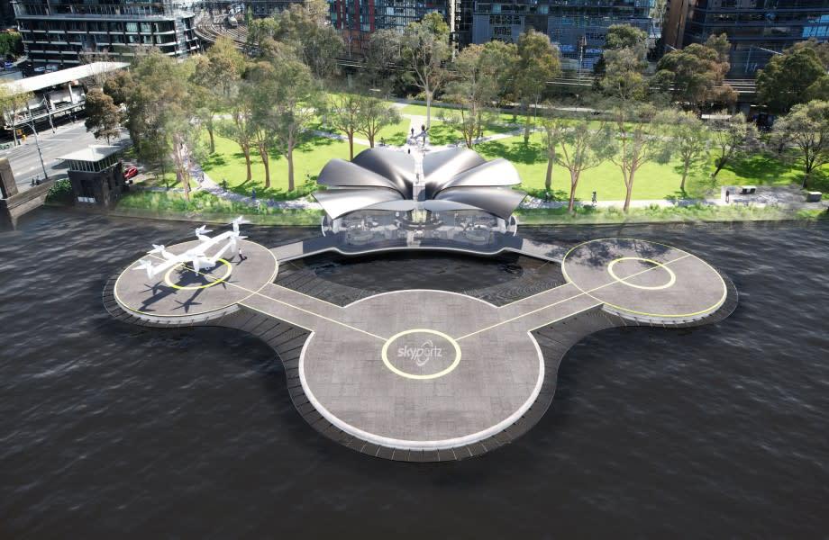 Contreras Earl Architects and Pascall and Watson Architects' design for the second Australian vertiport in Melbourne's Batman Park.