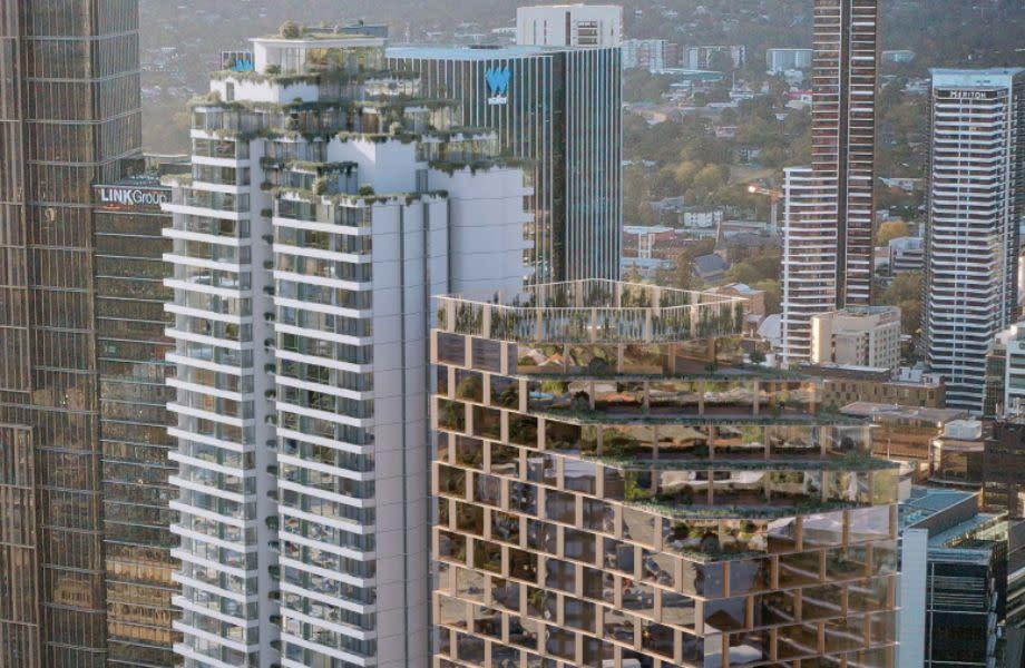 Urban Property Group's unveils twin tower plans in Parramatta designed by SJB, one is a gold office tower and the other is a white build to rent tower.